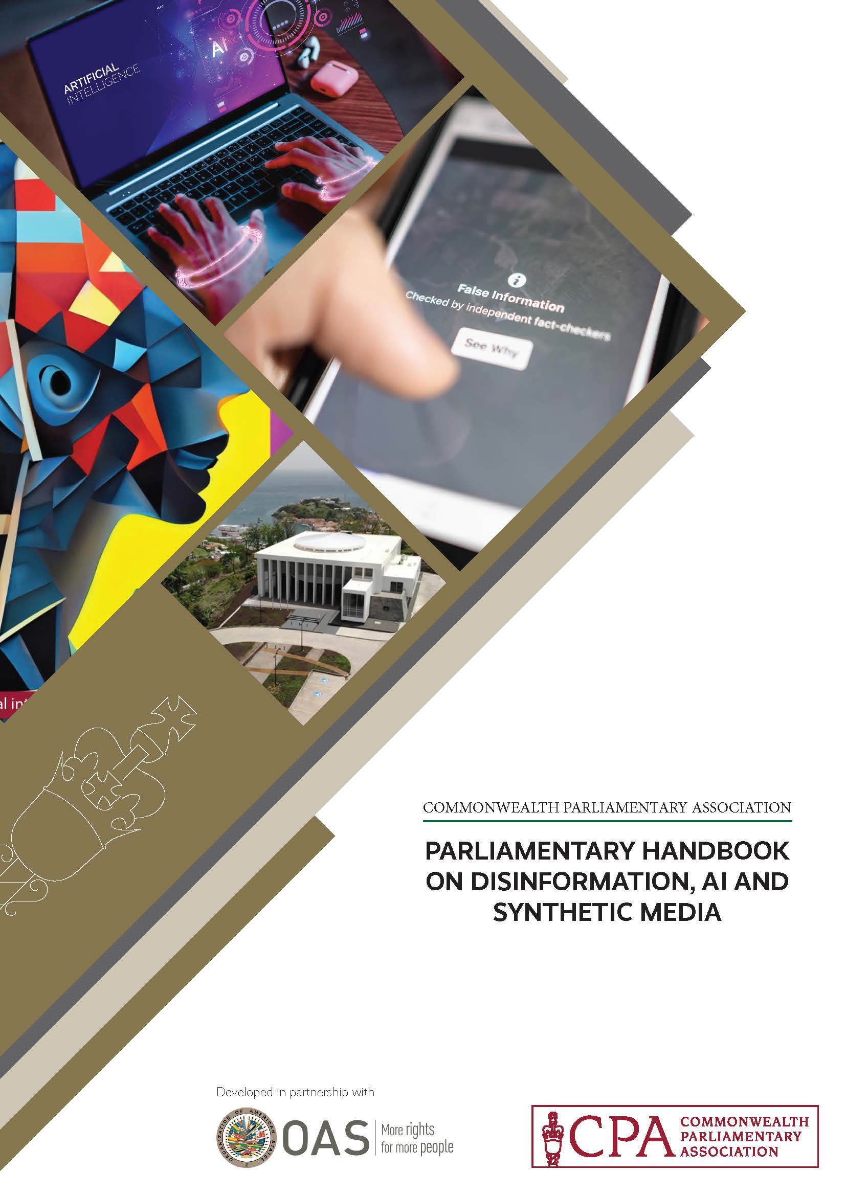 Front cover of the Parliamentary Handbook on Disinformation, AI and Synthetic Media